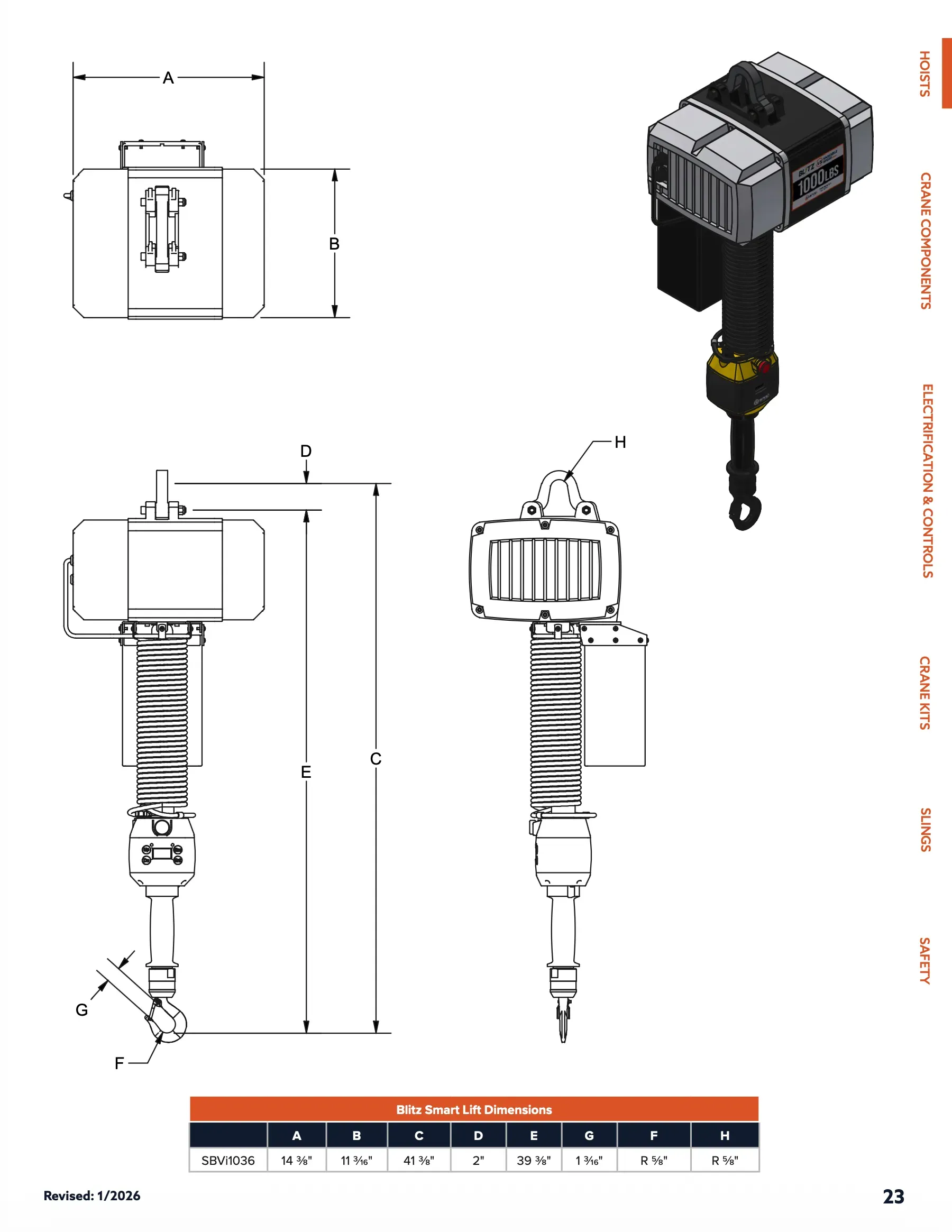 Starke price book showing hoist diagram with measurements